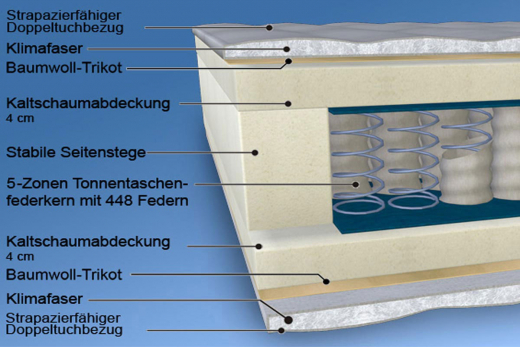 MALIE XXL 5-Zonen Tonnen-Taschenfederkern-Matratze H2 - H5 in 140x200cm